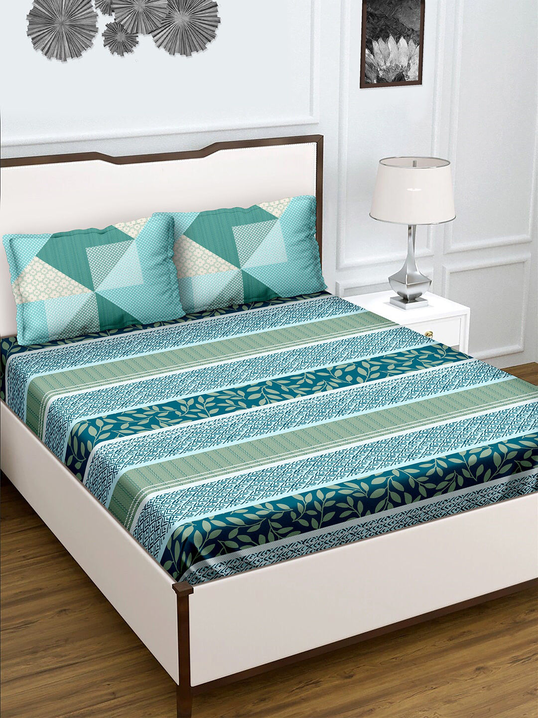 

BELLA CASA Teal Bedsheets 180 TC King Size Cotton 1 Double Bedsheet with 2 Pillow Covers