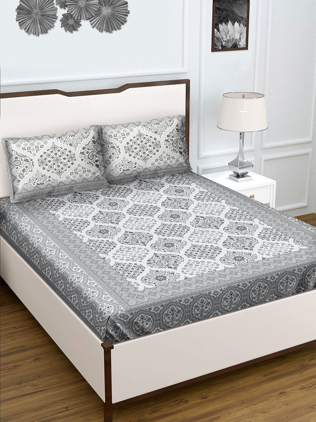 

BELLA CASA Unisex Grey 180 TC King Size Cotton 1 Double Bedsheet with 2 Pillow Covers