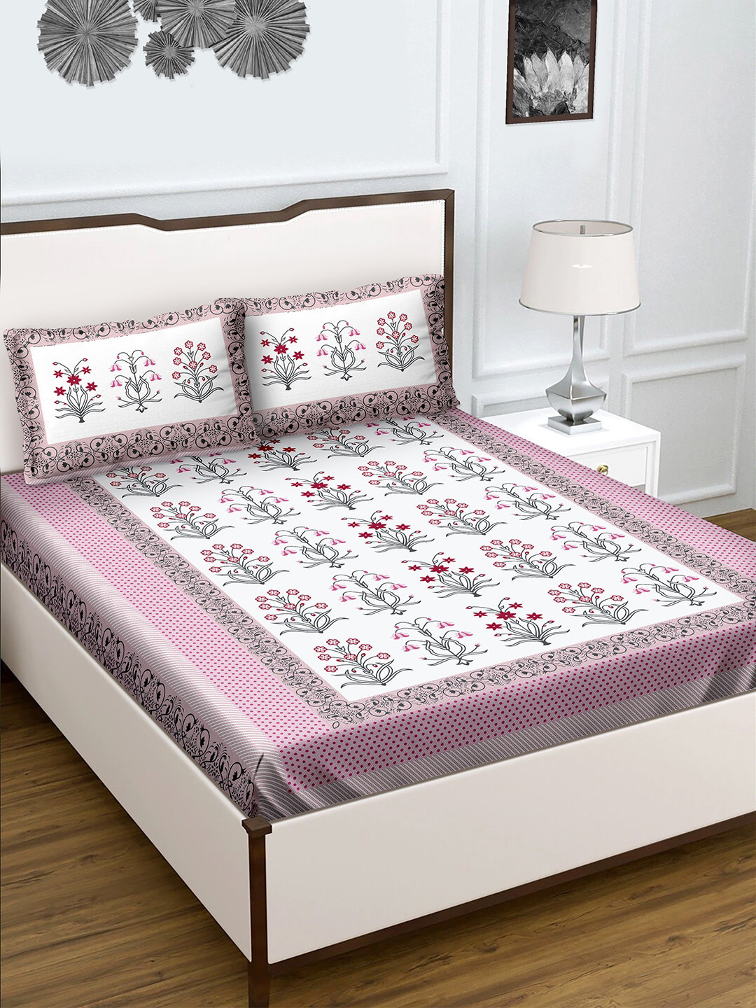 

BELLA CASA Unisex Pink 180 TC King Size Cotton 1 Double Bedsheet with 2 Pillow Covers