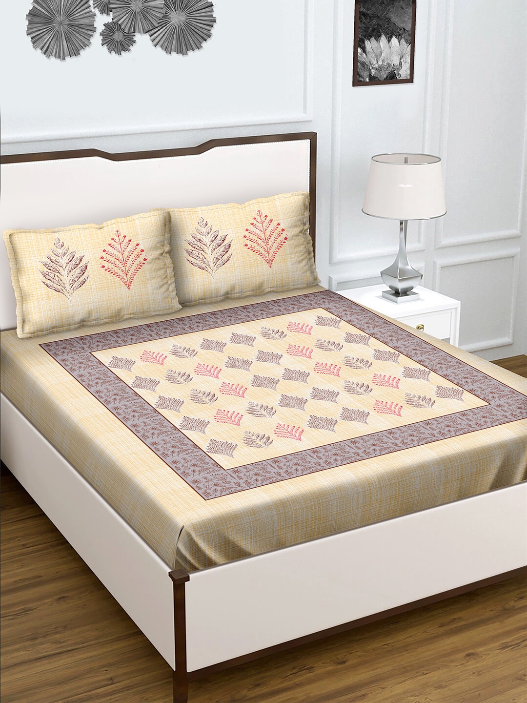 

BELLA CASA Unisex Multi 180 TC King Size Cotton 1 Double Bedsheet with 2 Pillow Covers, Yellow