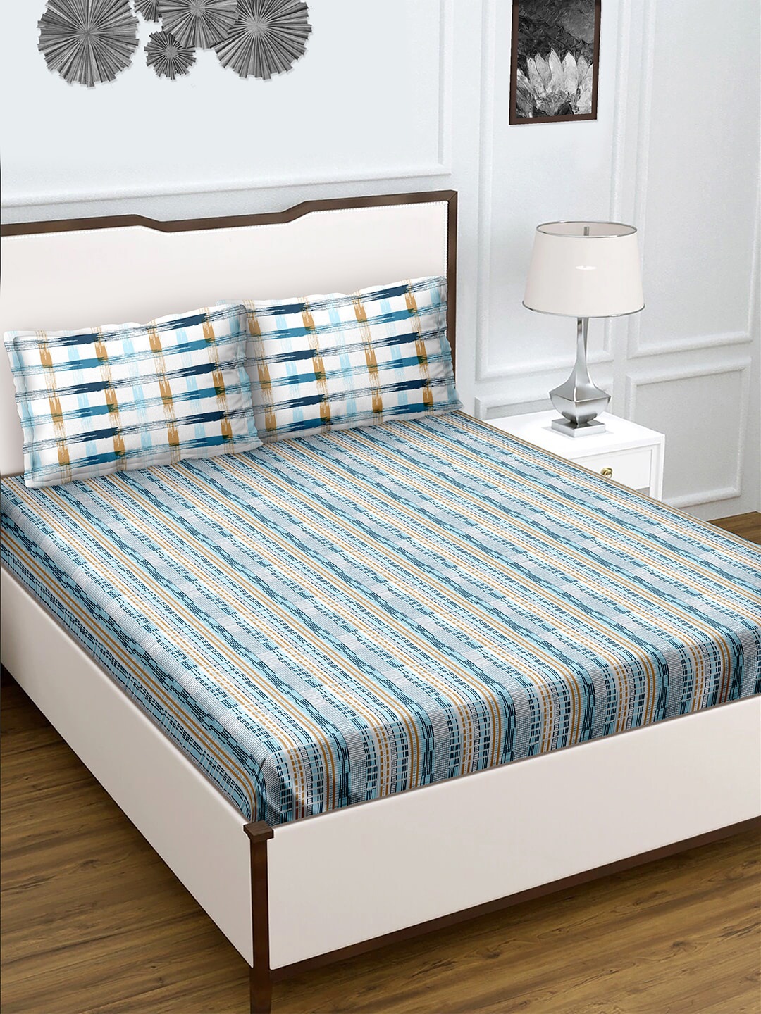 

BELLA CASA Unisex Blue 180 TC King Size Cotton 1 Double Bedsheet with 2 Pillow Covers