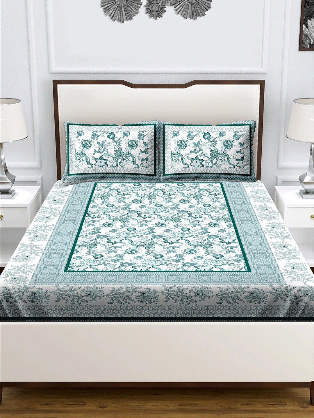 

BELLA CASA Unisex Teal 180 TC King Size Cotton 1 Double Bedsheet with 2 Pillow Covers