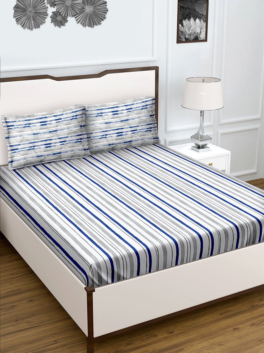 

BELLA CASA Blue & Off White Striped 180 TC King Bedsheet with 2 Pillow Covers