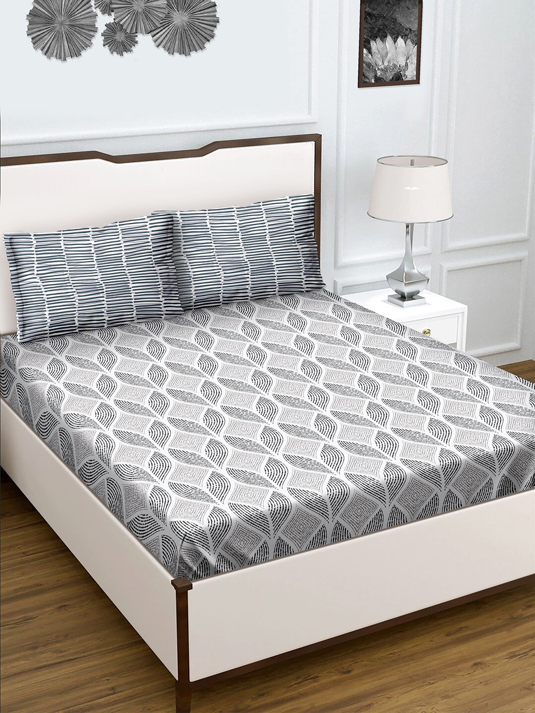 

BELLA CASA Grey & White 180 TC King Bedsheet with 2 Pillow Covers