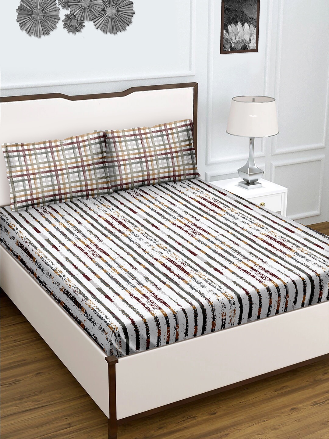 

BELLA CASA White printed 180 TC King Size Cotton 1 Double Bedsheet with 2 Pillow Covers