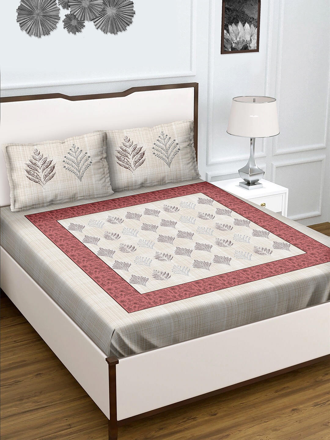

BELLA CASA White and Rust 180 TC King Size Cotton 1 Double Bedsheet with 2 Pillow Covers, Beige