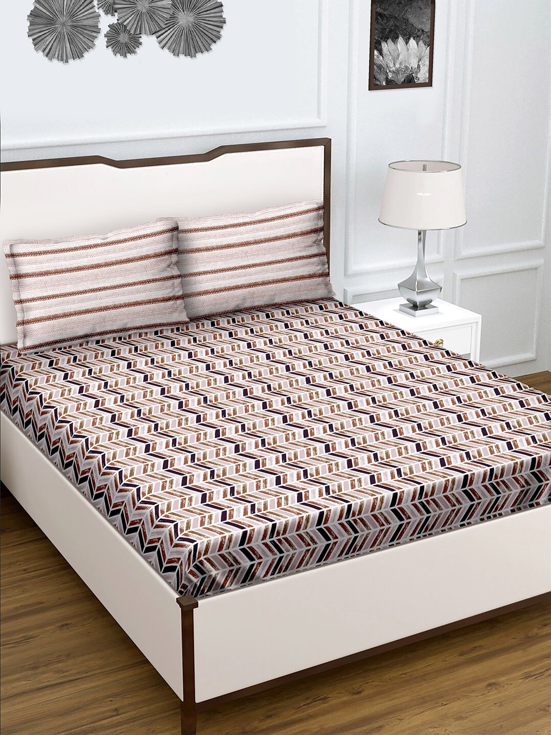 

BELLA CASA Beige and Brown 180 TC King Size Cotton Bedsheet with 2 Pillow covers