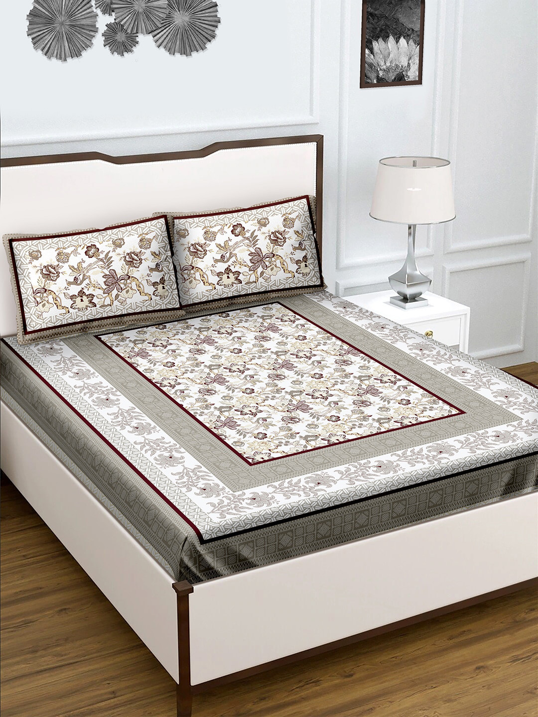

BELLA CASA 180 TC King Size White Printed Cotton Bedsheet with 2 Pillow covers