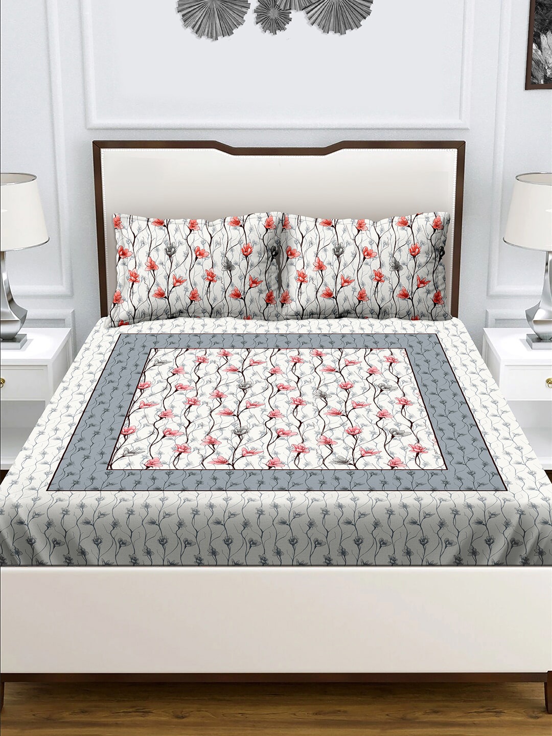 

BELLA CASA 180 TC King Size Cotton Blue 1 Double King Bedsheet with 2 Pillow Covers, Grey