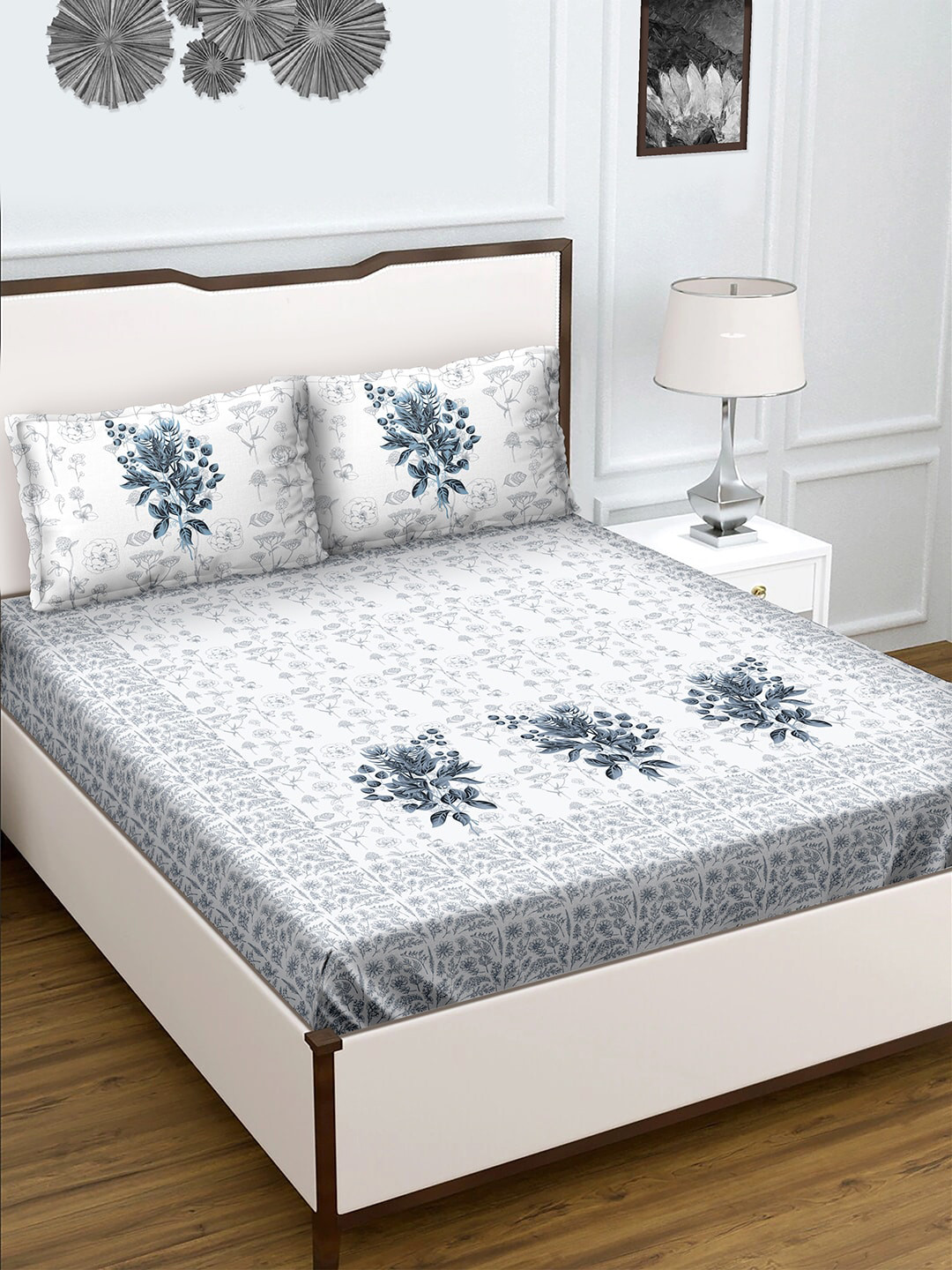 

BELLA CASA 180 TC King Size Cotton Blue 1 Double Bedsheet with 2 Pillow Covers