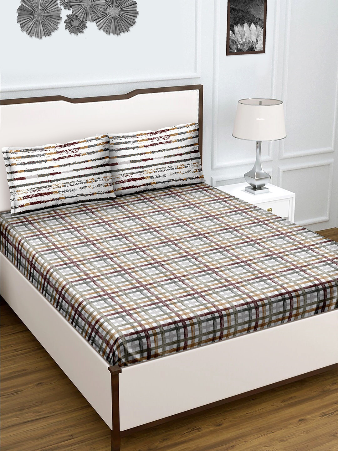 

BELLA CASA White printed 180 TC King Size Cotton 1 Double Bedsheet with 2 Pillow Covers