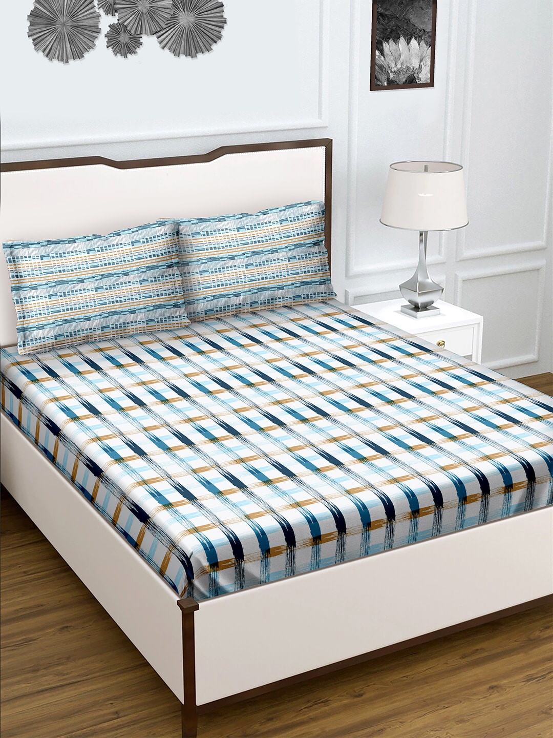 

BELLA CASA Blue & Gold-Toned Geometric 180 TC King Bedsheet with 2 Pillow Covers