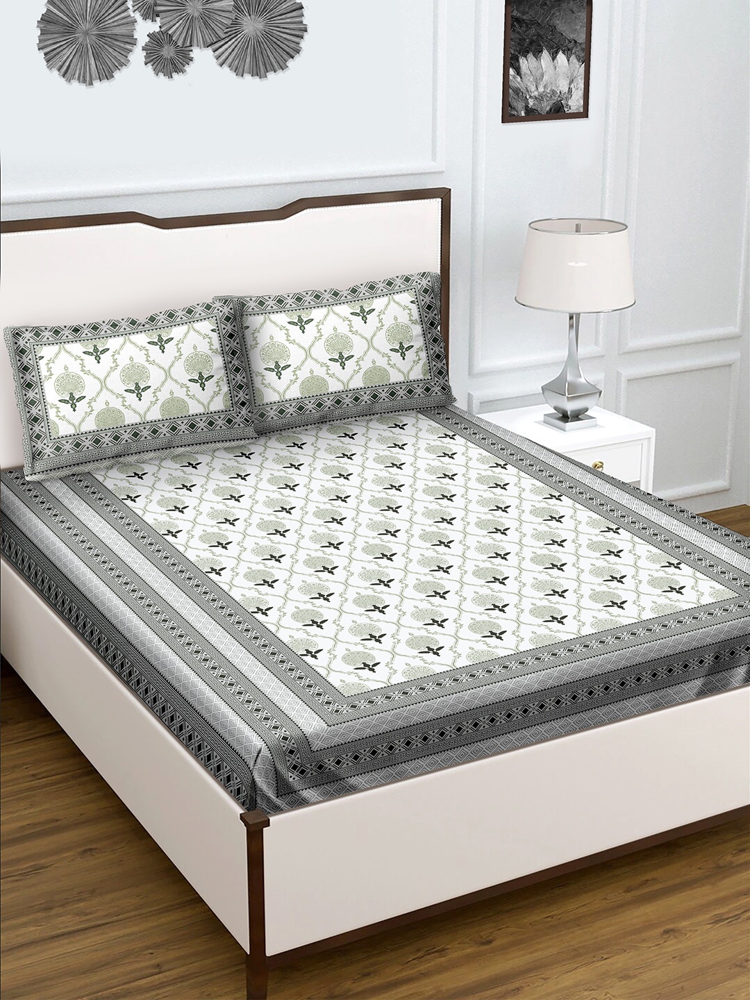 

BELLA CASA Green & Grey Ethnic Motifs 180 TC King Bedsheet with 2 Pillow Covers