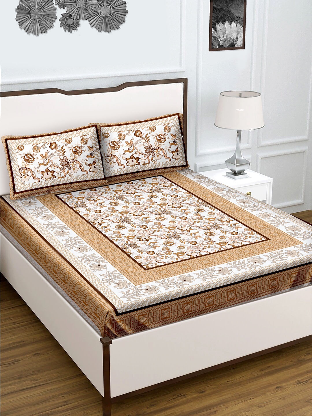 

BELLA CASA Brown & White Floral 180 TC King Bedsheet with 2 Pillow Covers