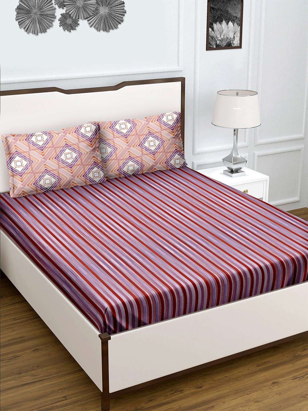 

BELLA CASA Rust & Purple Striped 180 TC King Bedsheet with 2 Pillow Covers