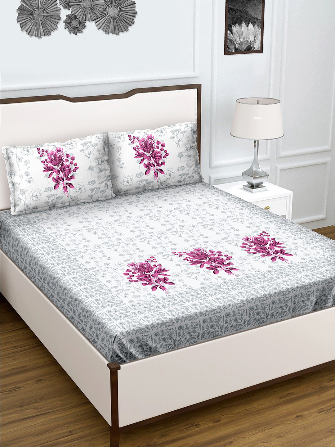 

BELLA CASA Pink & Grey Floral 180 TC King Bedsheet with 2 Pillow Covers