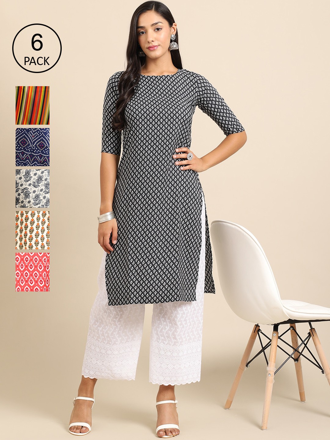 

Ethnic basket Women Blue & Pink Pack Of 6 Geometric Printed Block Print Crepe Kurta
