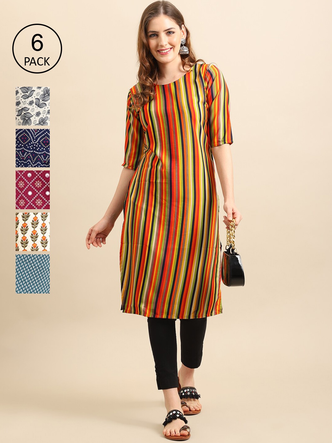 

Ethnic basket Women Blue & Red Pack Of 6 Geometric Printed Block Print Crepe Kurta