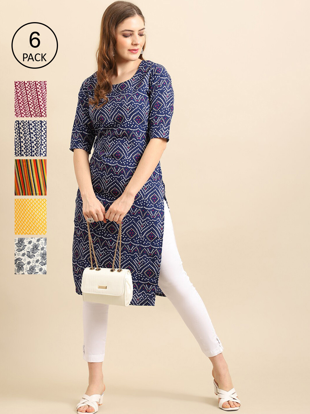 

Ethnic basket Pack of 5 Women Yellow & Navy Blue Geometric Printed Pure Crepe Kurta