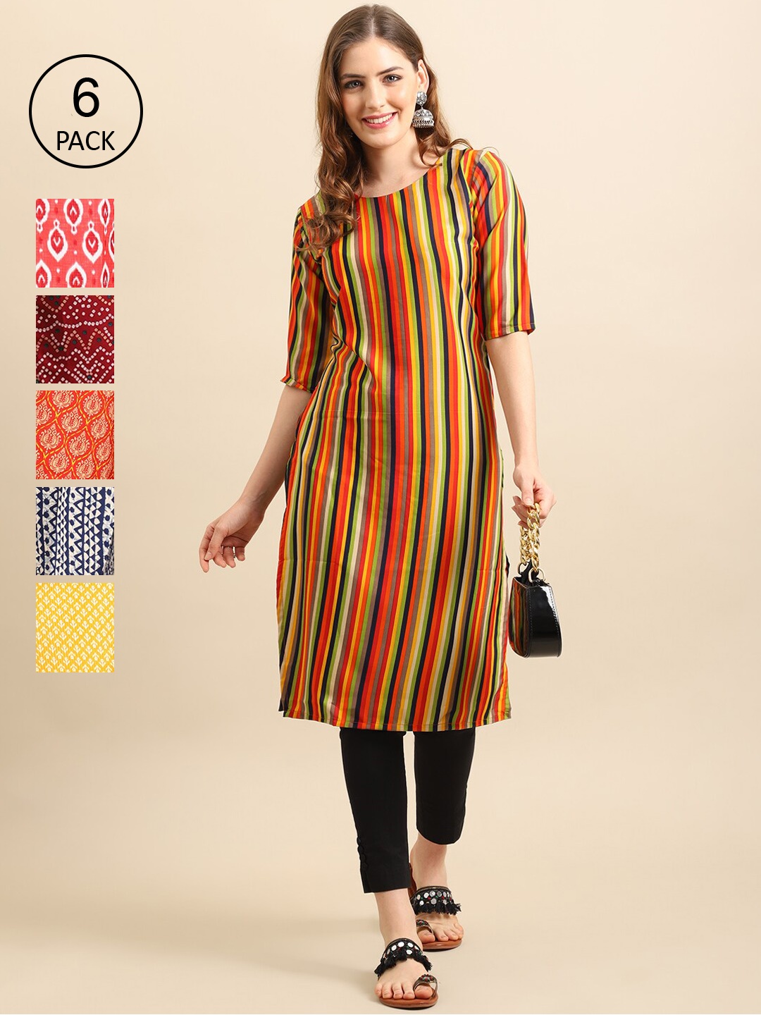 

Ethnic basket Women Pack Of 6 Multicoloured & Red Printed Crepe Kurta, Multi