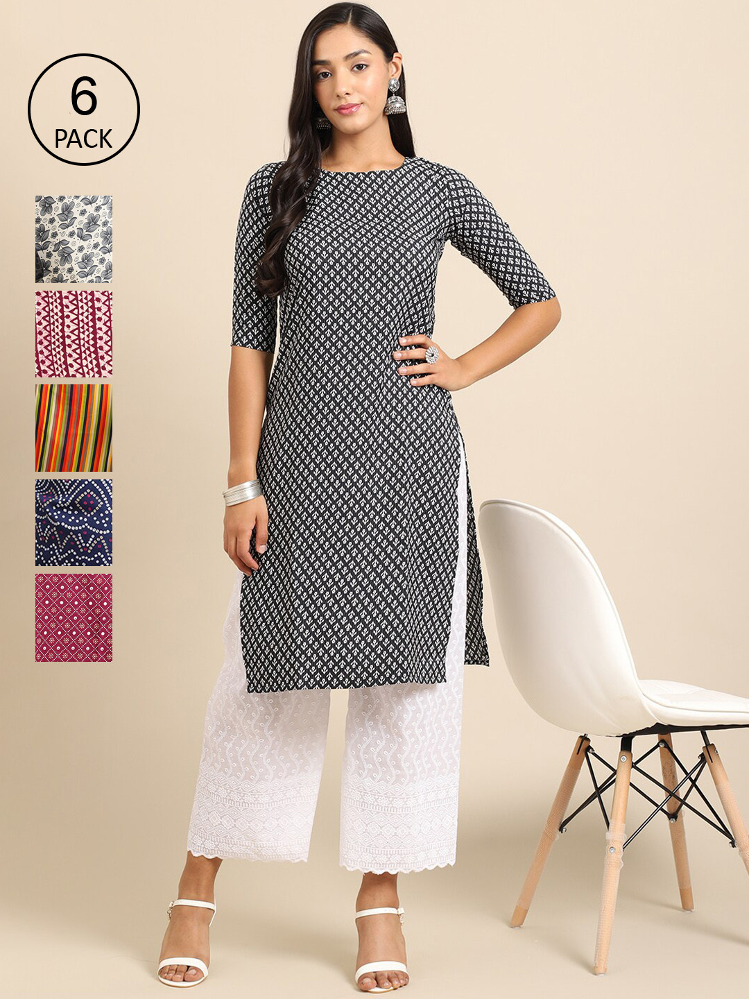 

Ethnic basket Women Multicoloured Pack Of 6 Geometric Printed Block Print Crepe Kurta, Multi