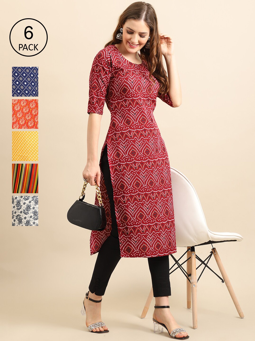 

Ethnic basket Women Pack of 6 Crepe Kurta, Red