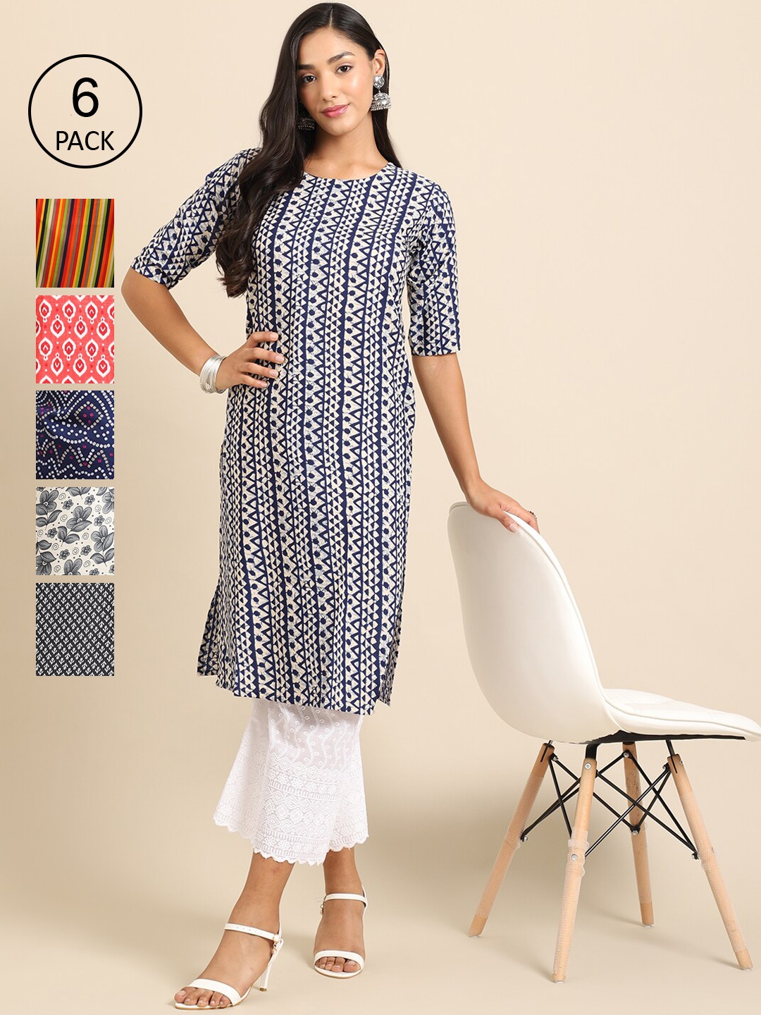 

Ethnic basket Women Pack of 6 Geometric Printed Crepe Kurta, Blue