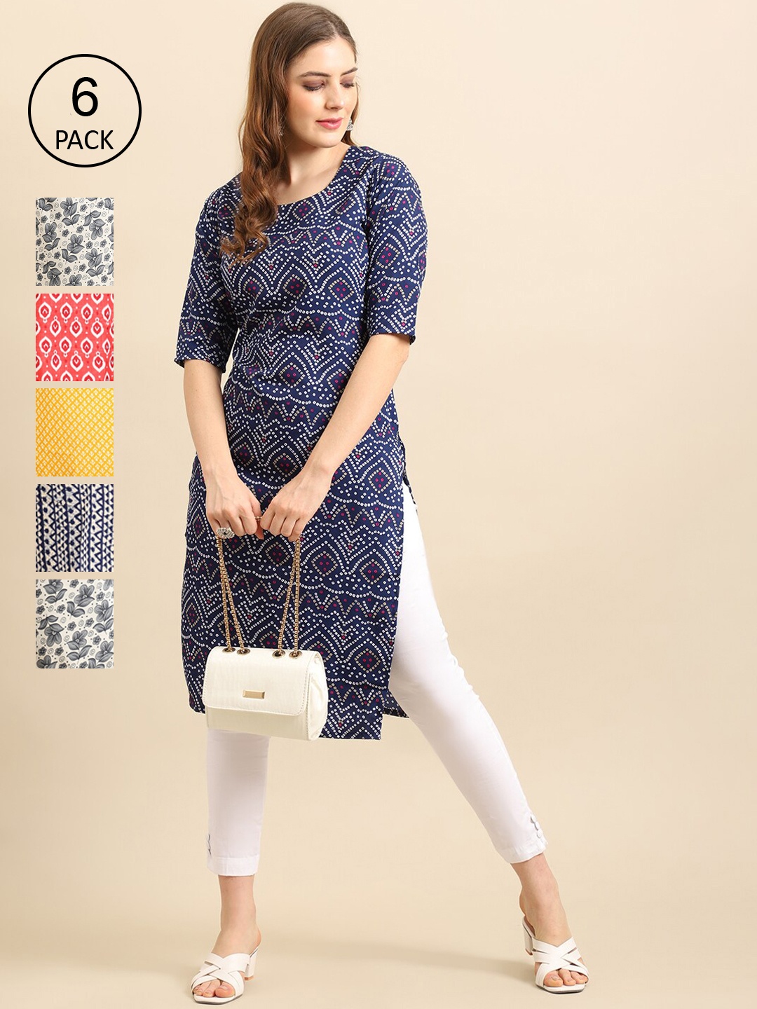 

Ethnic basket Women Pack Of 6 Multicoloured Ethnic Motifs Printed Block Print Crepe Kurta, Multi