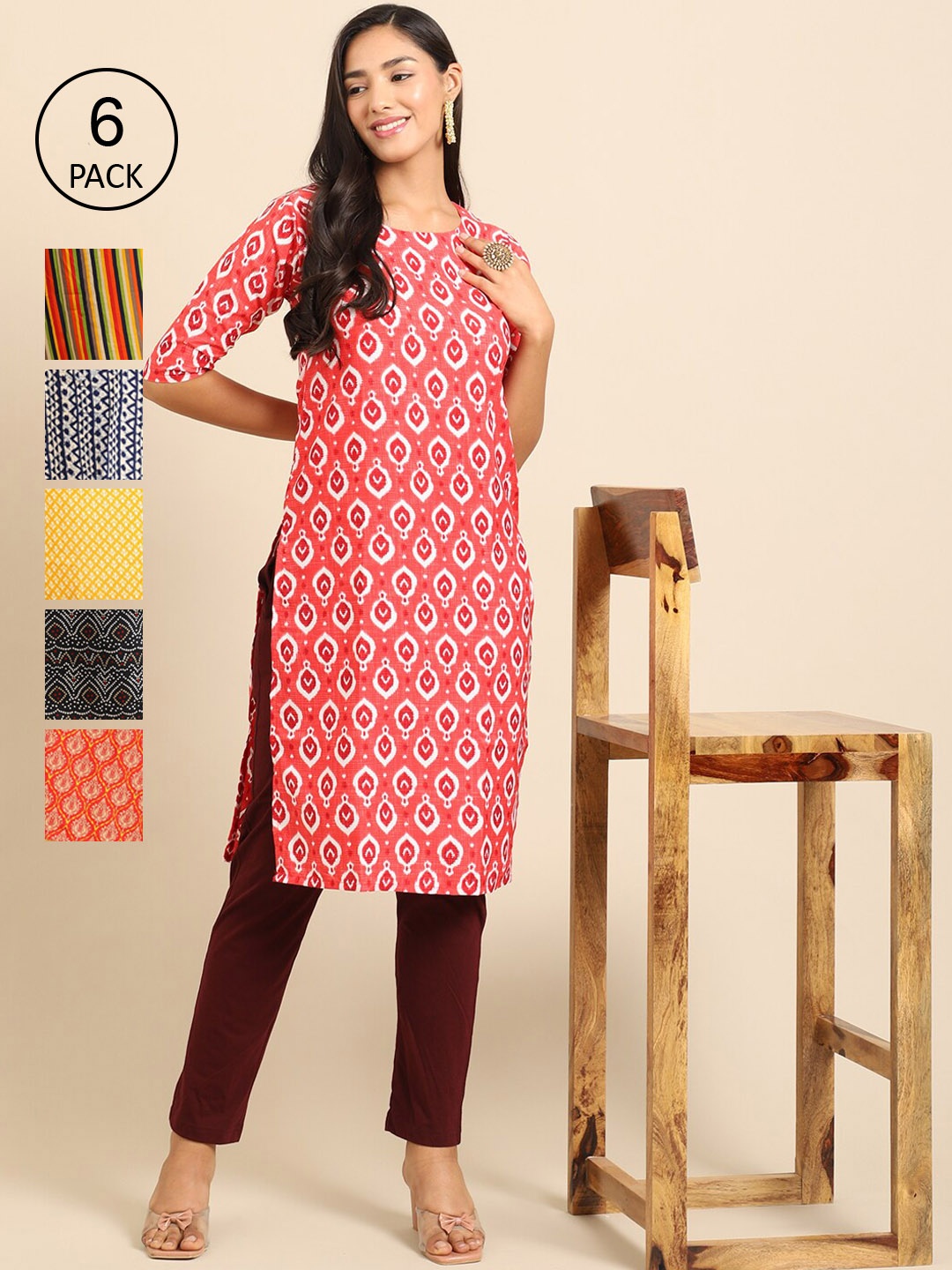 

Ethnic basket Women Pack Of 6 Ethnic Motifs Printed Block Print Crepe Kurta, Pink