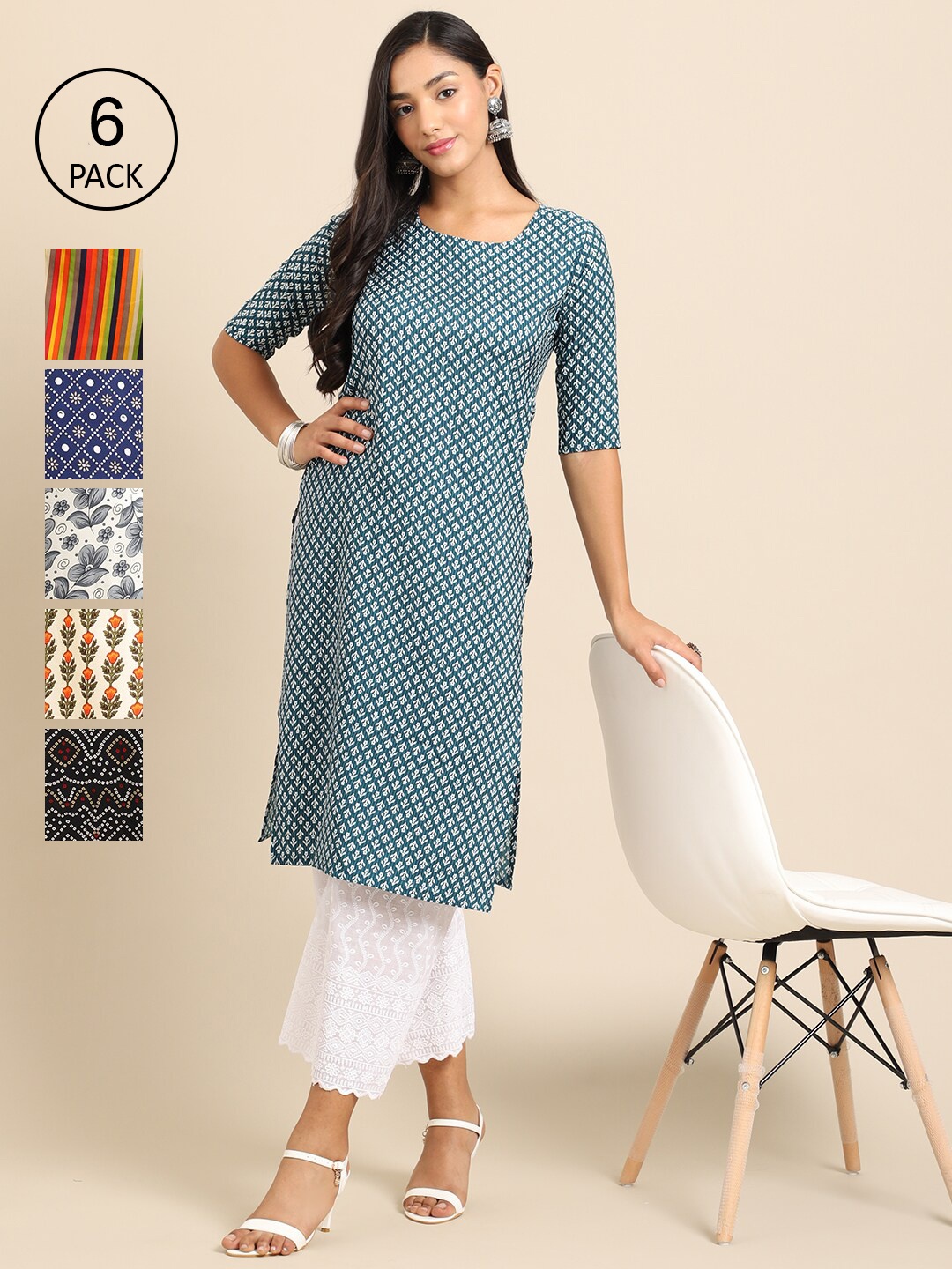 

Ethnic basket Women Pack Of 6 Ethnic Motifs Printed Block Print Crepe Kurta, Blue