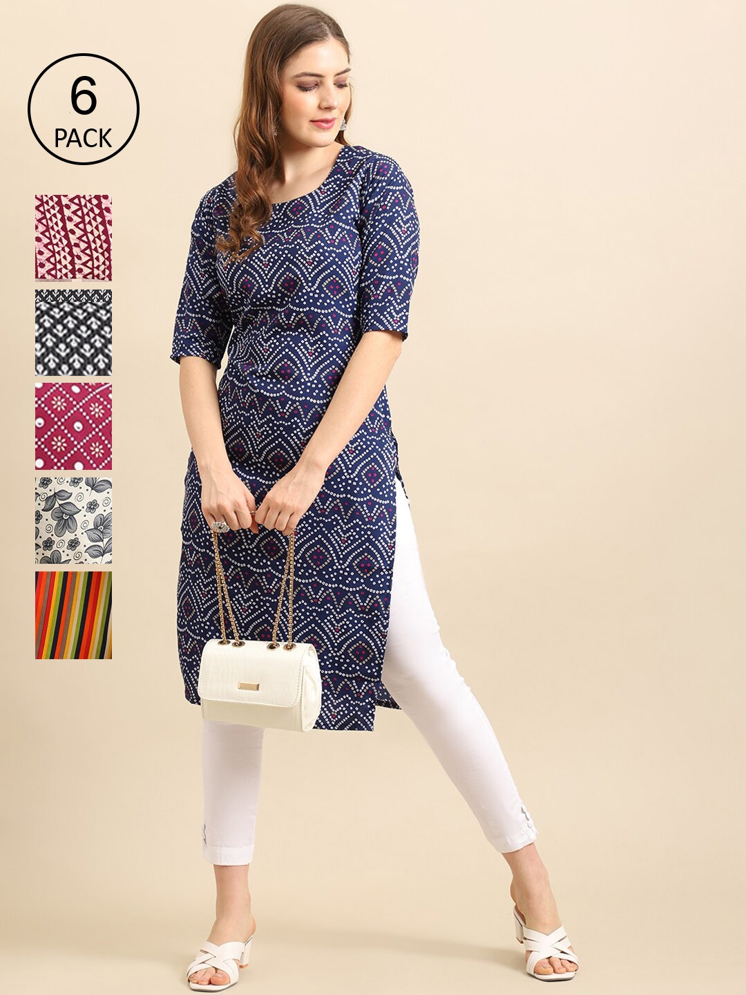 

Ethnic basket Women Pack of 6 Geometric Printed Crepe Kurta, Blue