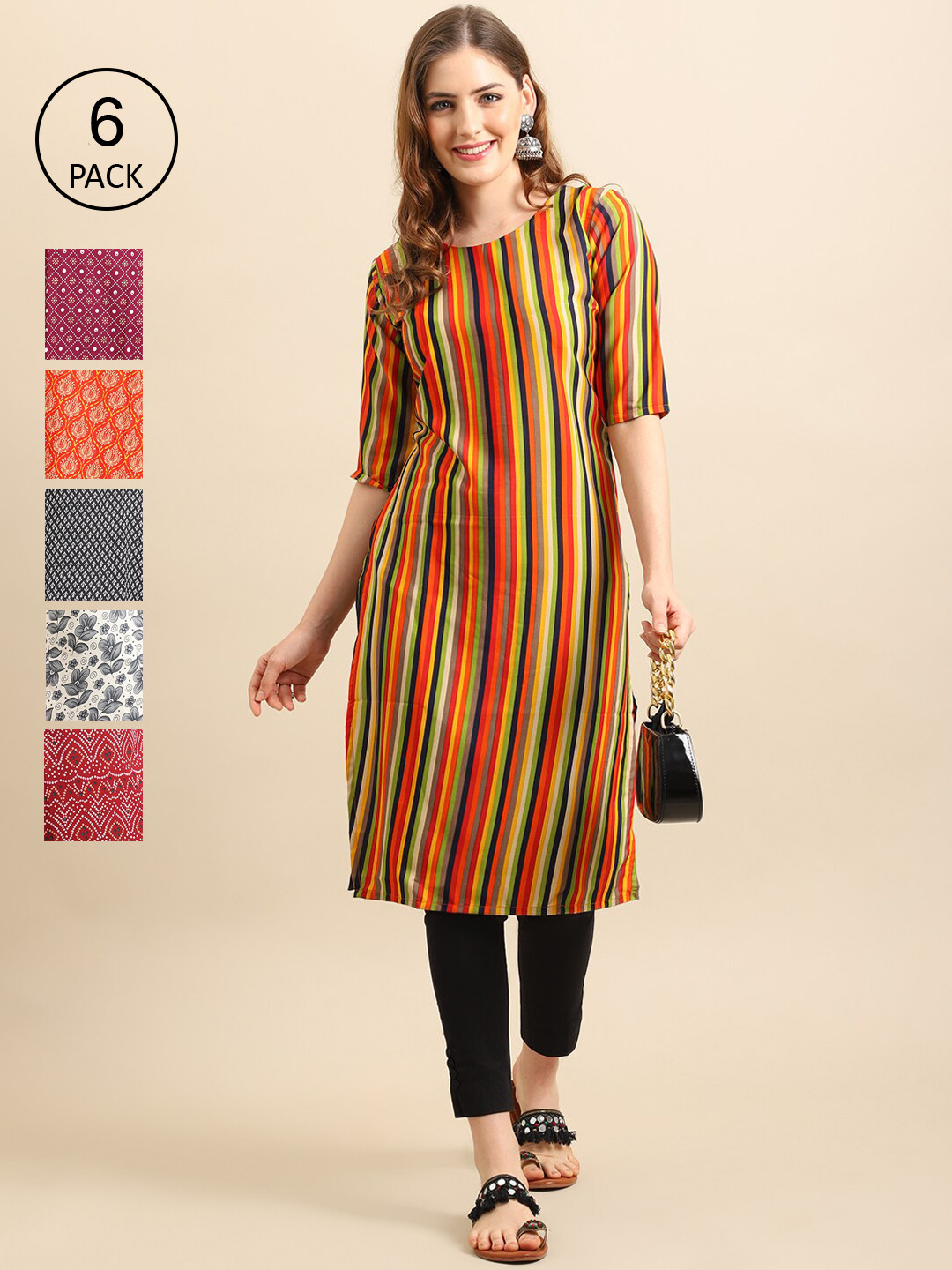 

Ethnic basket Women Pack of 6 Geometric Printed Crepe Kurta, Orange
