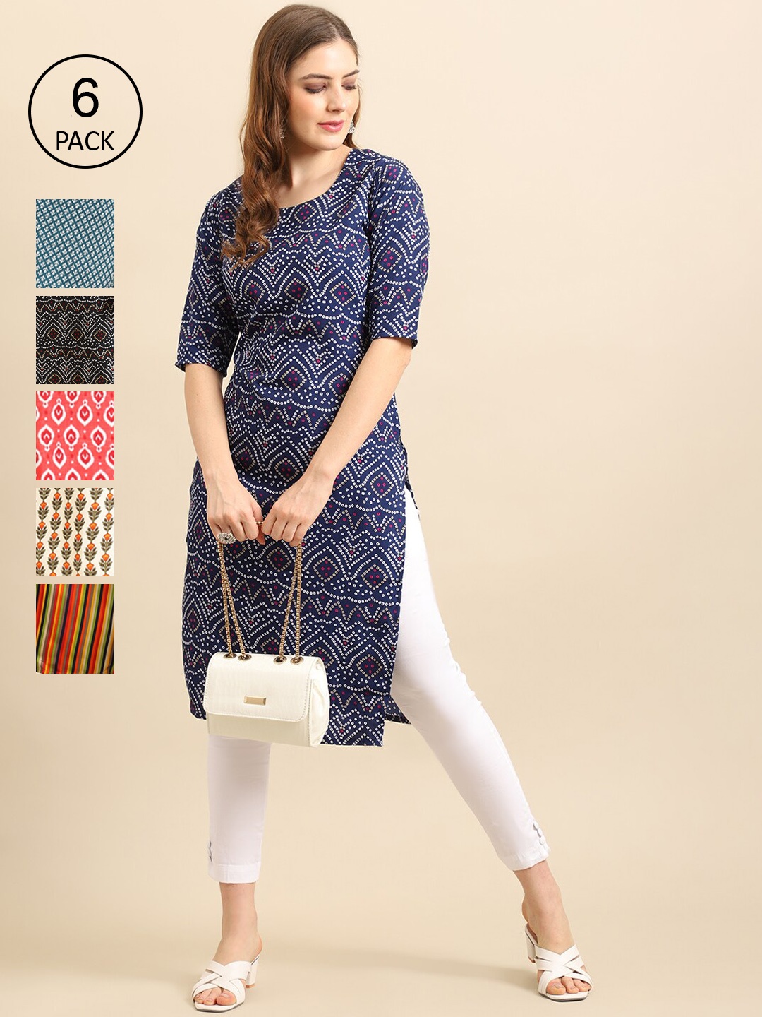 

Ethnic basket Women Blue & Red Pack Of 6 Geometric Printed Crepe Kurtas