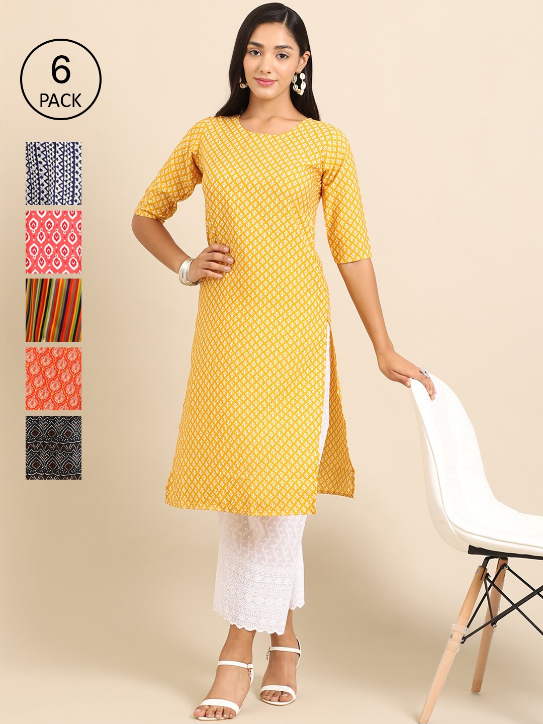

Ethnic basket Women Yellow & Blue Pack Of 6 Geometric Printed Crepe Kurtas