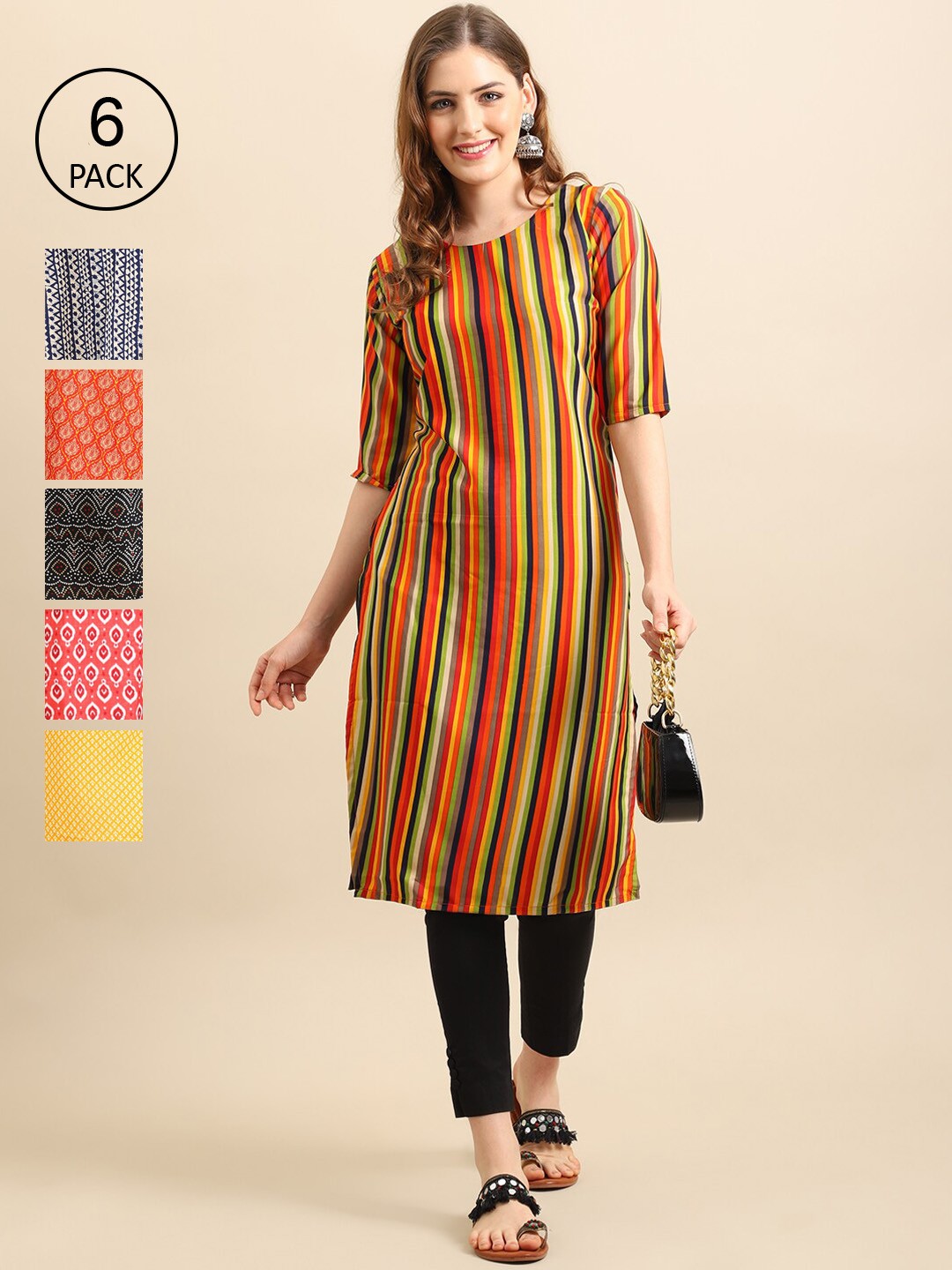 

Ethnic basket Women Yellow & Red Pack Of 6 Geometric Striped Crepe Kurtas