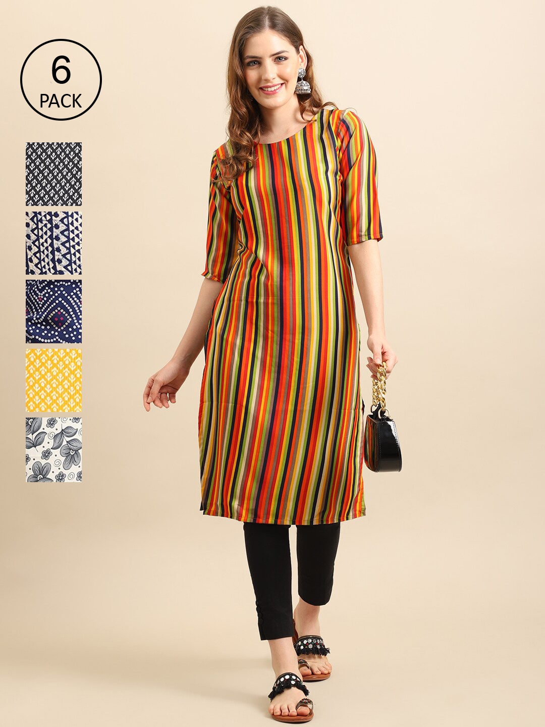 

Ethnic basket Pack Of 6 Women Printed Crepe Kurta, Black