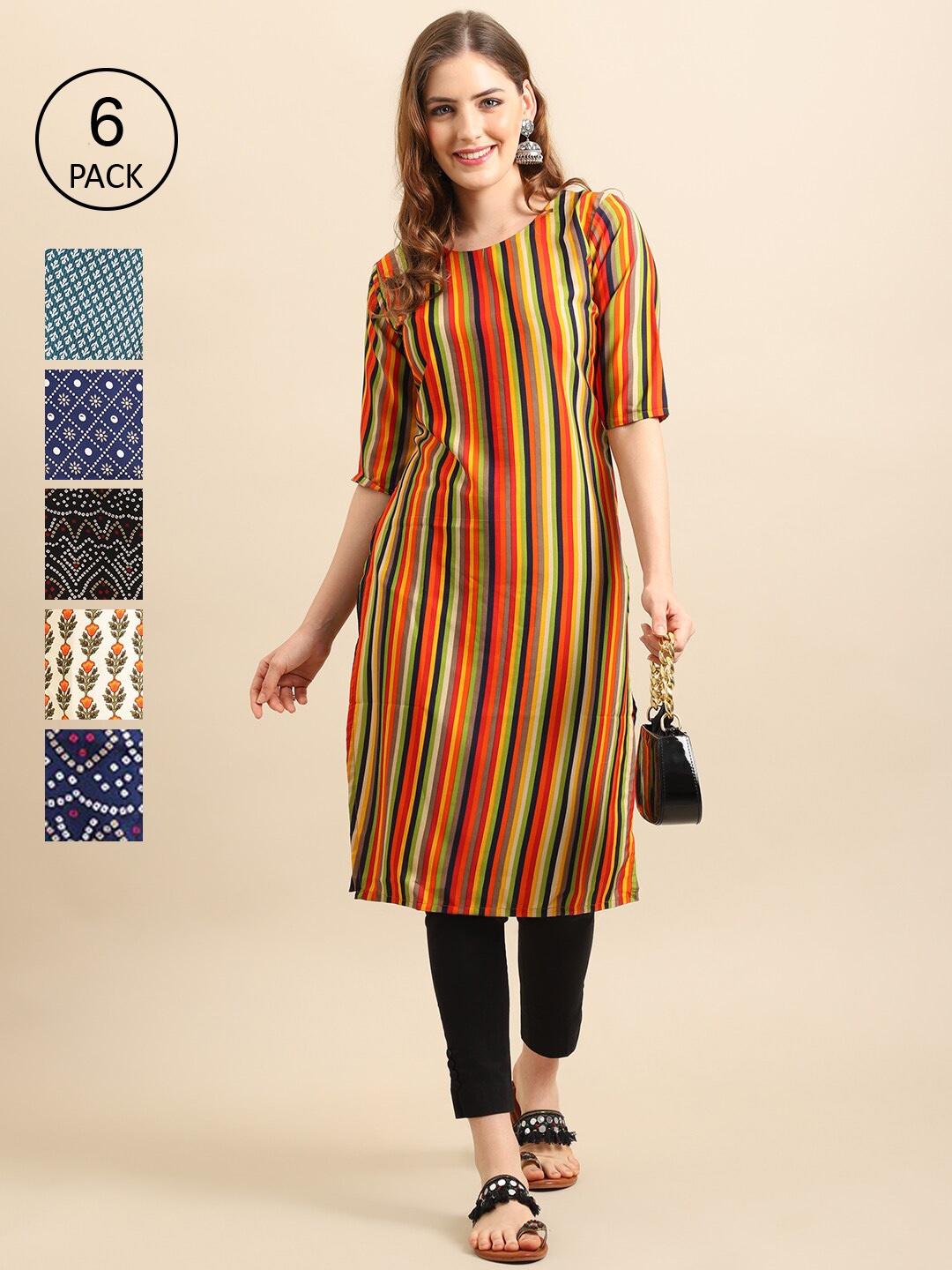 

Ethnic basket Pack of 6 Women Printed Straight Crepe Kurta, Multi