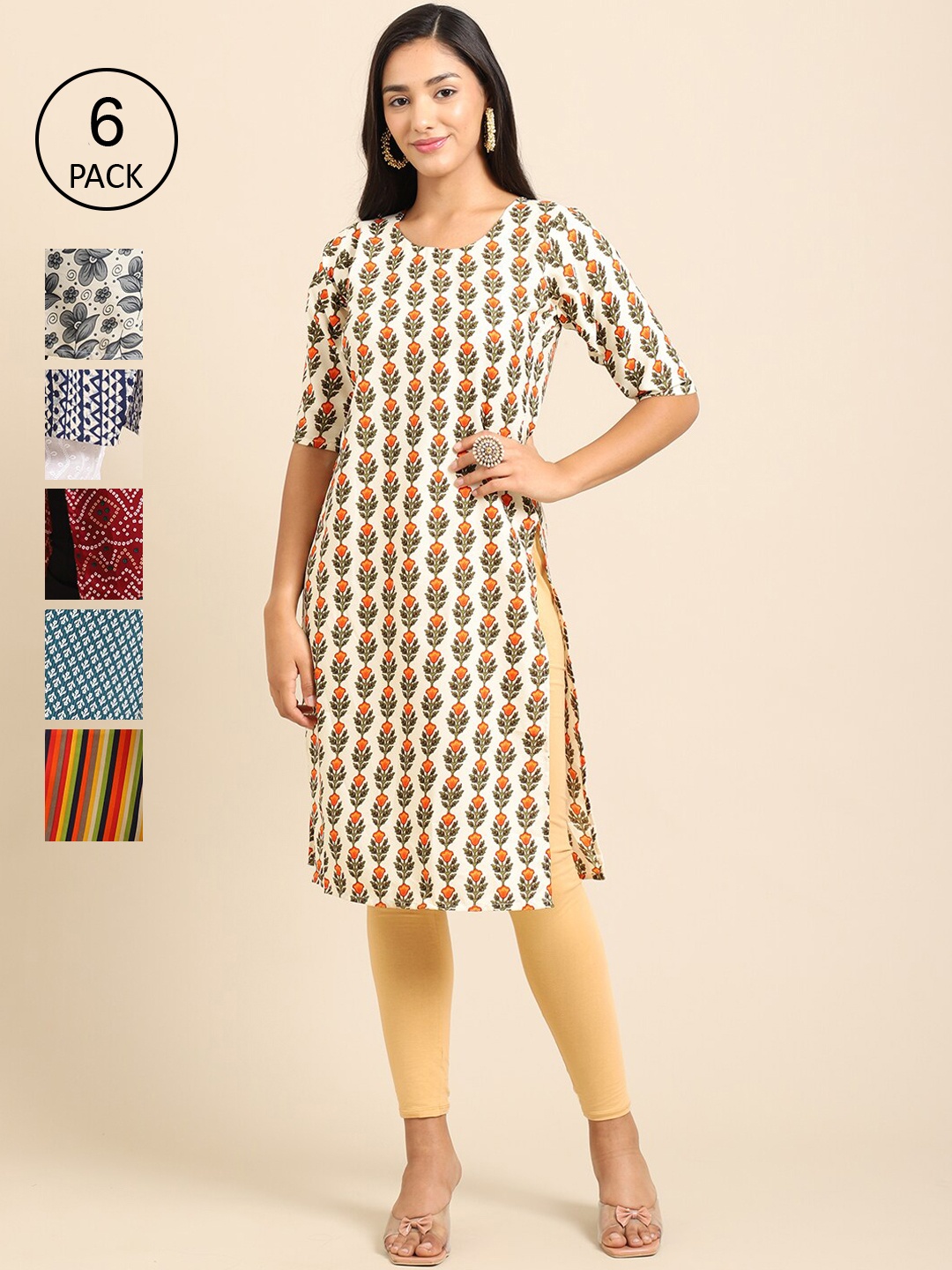 

Ethnic basket Women Pack of 6 Beige & White Geometric Printed Crepe Kurta