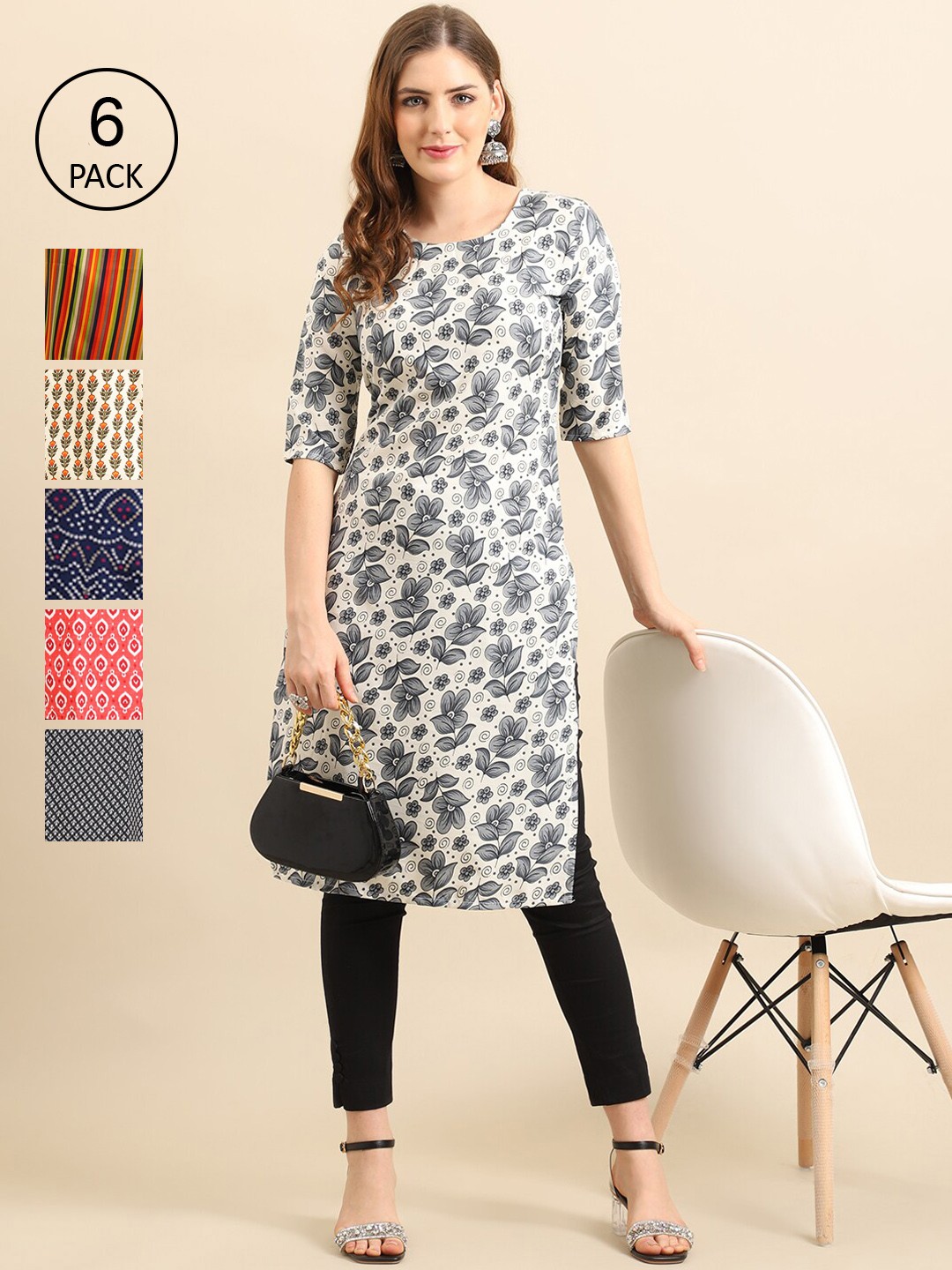 

Ethnic basket Women White & Blue Floral Striped Crepe Kurta