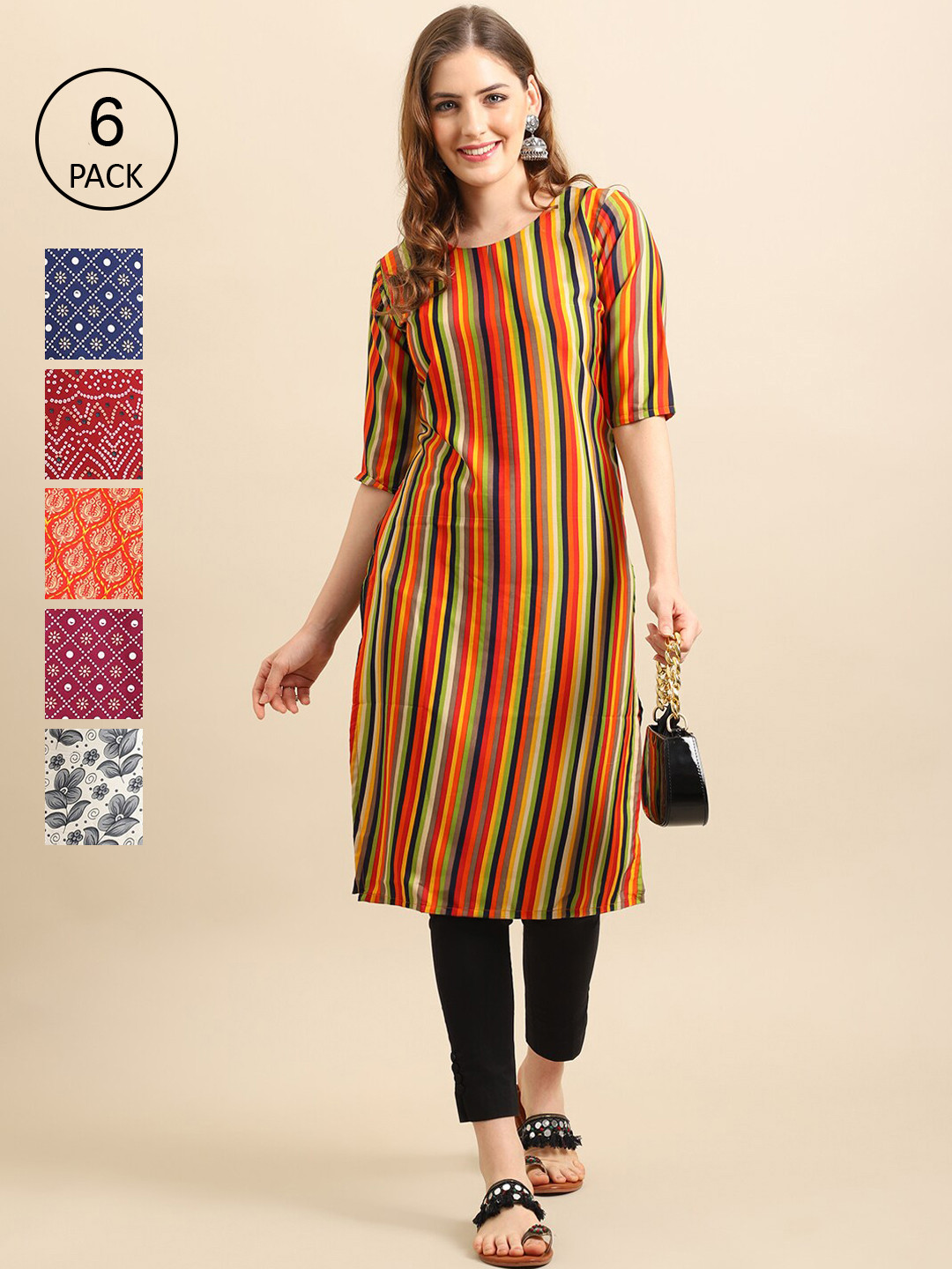 

Ethnic basket Women Set Of 6 Multicoloured Striped Crepe Kurta, Multi