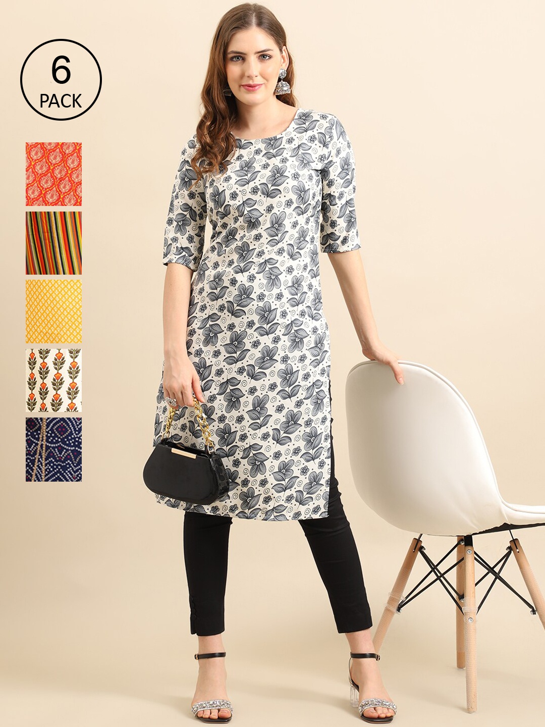 

Ethnic basket Women Set Of 6 Navy Blue & Red Floral Printed Crepe Kurta