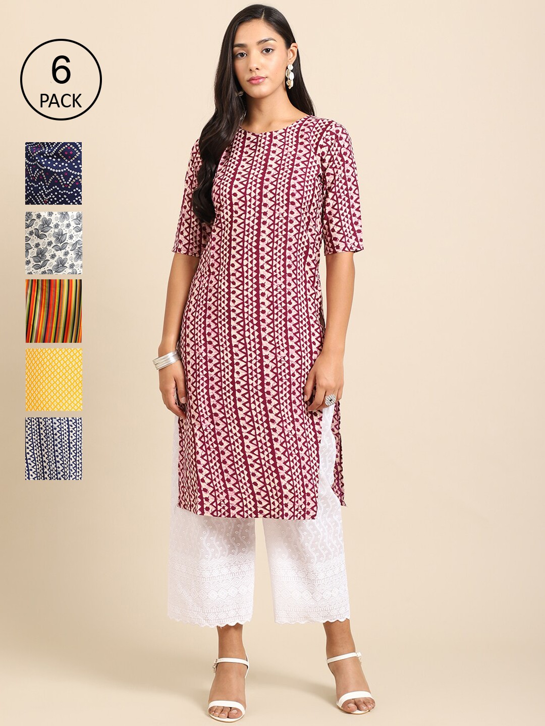 

Ethnic basket Women Pack Of 6 Multicoloured Geometric Printed Crepe Kurta, Multi