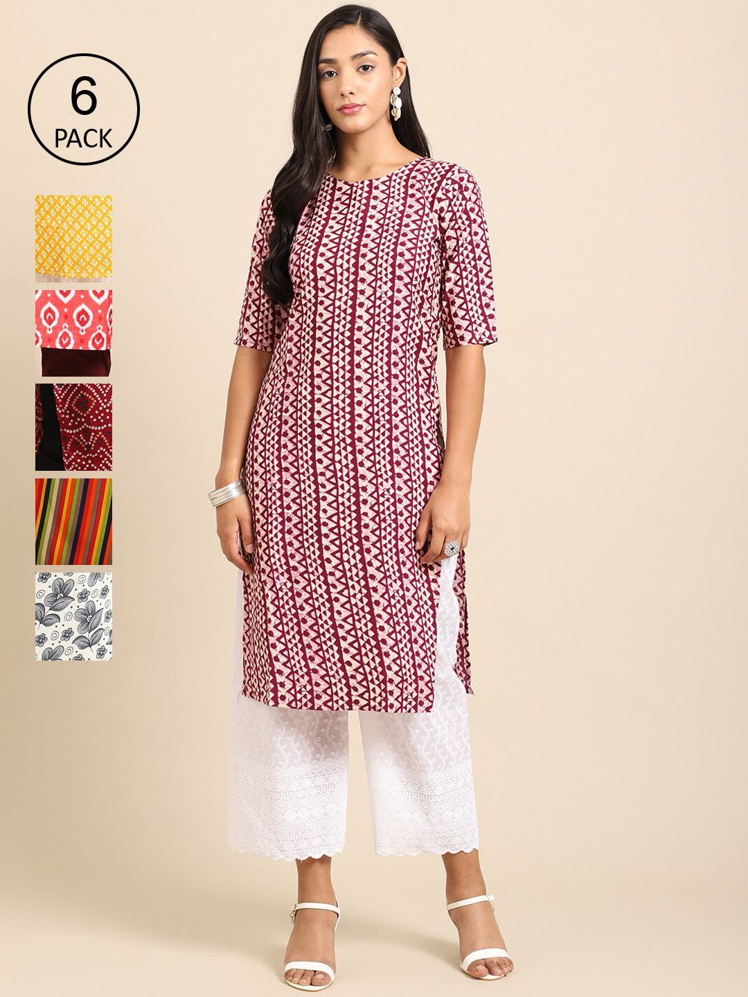 

Ethnic basket Women Pack of 6 Printed Crepe Kurtas, Pink