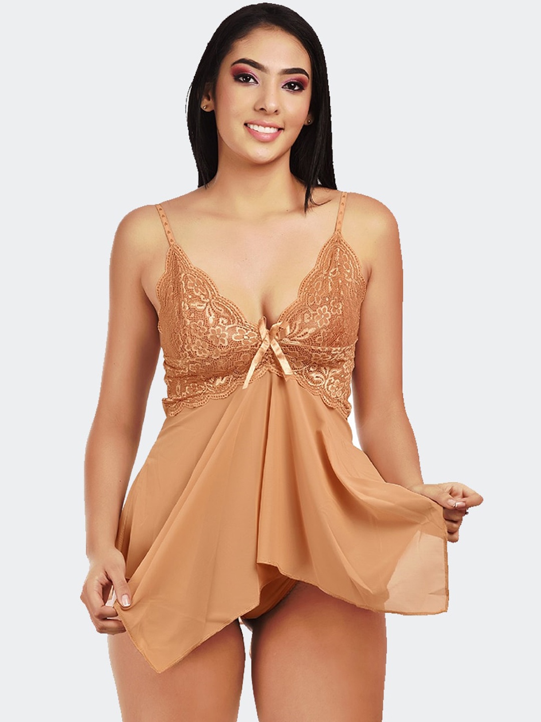 

Fleurt Women Gold-Toned Solid Baby Doll Shoulder Straps Night Wear
