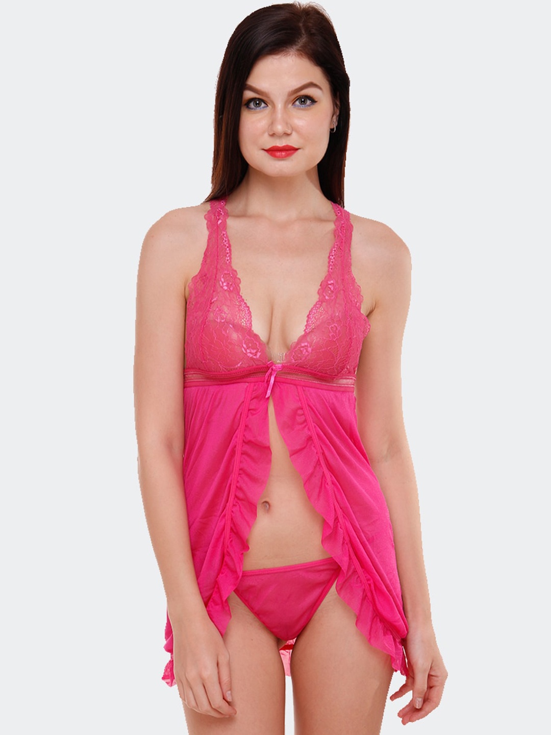 

Fleurt Women Pink Printed Baby Doll With Asymmetric Night Wear