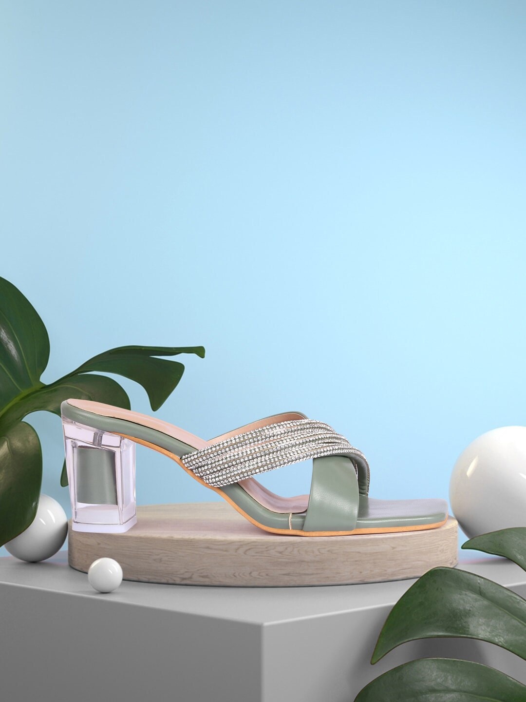 

Alishtezia Green Embellished PU Party Block Heels
