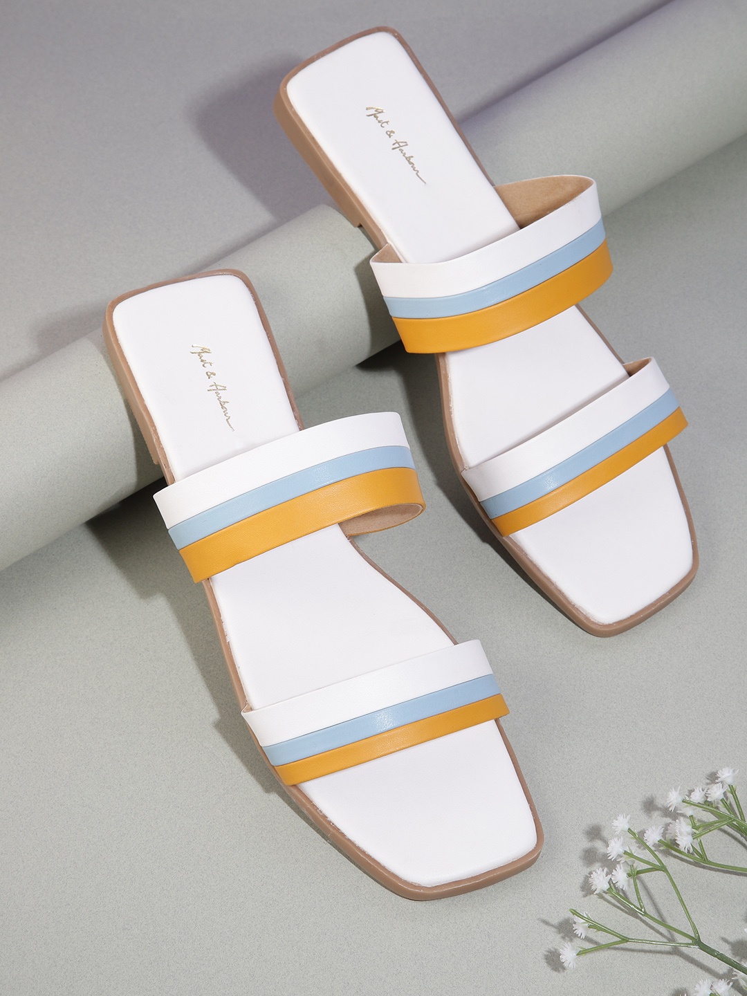 

Mast & Harbour Women Striped Open Toe Flats, White