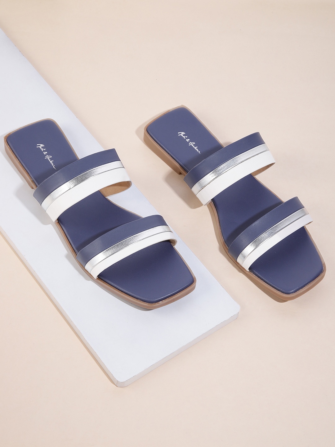 

Mast & Harbour Women Striped Open Toe Flats, Navy blue