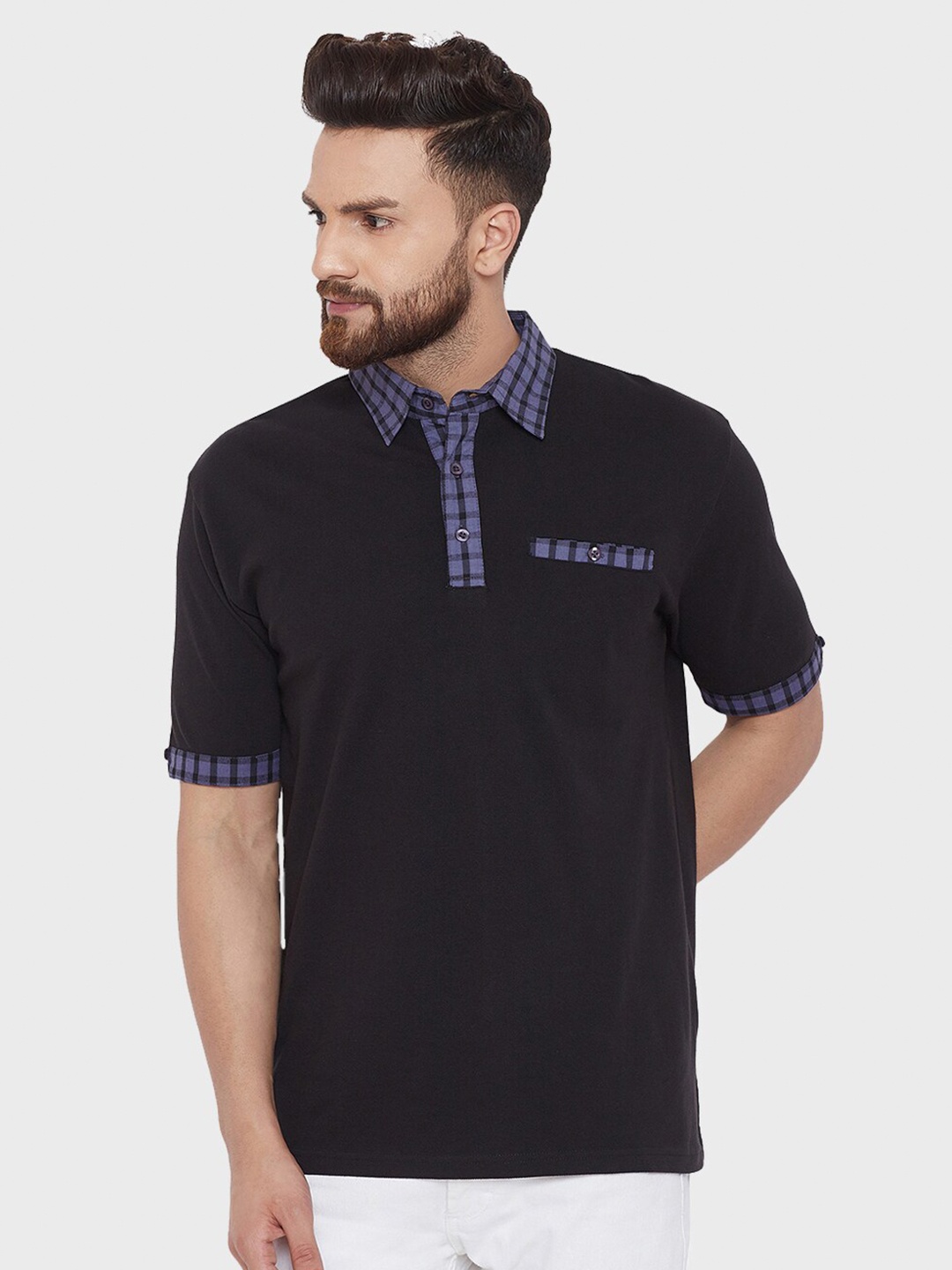 

Hypernation Men Black Solid Cotton Polo Collar T-shirt