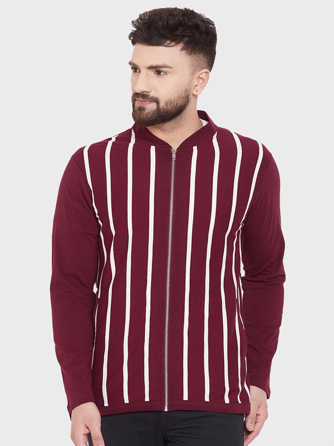 

Hypernation Men Maroon Striped Cotton T-shirt